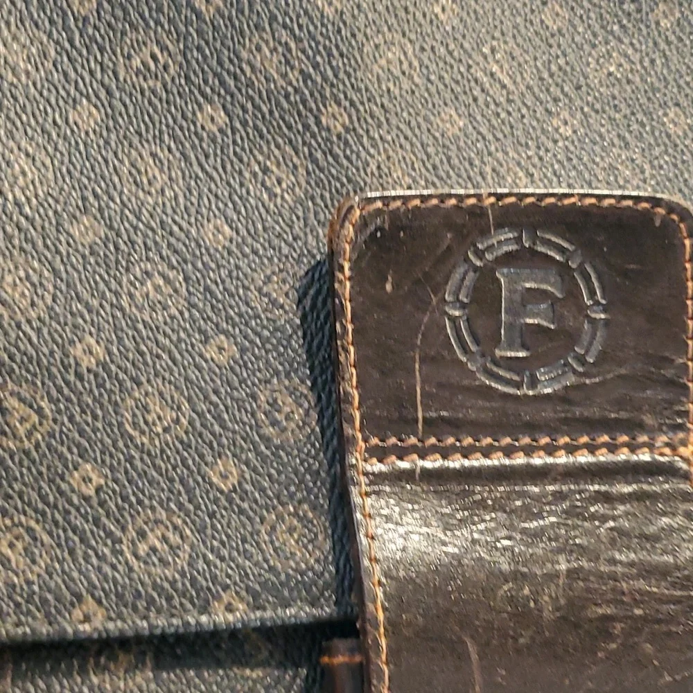 Huge Vintage Elegant Black Leather Clutch or Briefcase Bag with F Letter Pattern